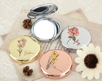 Personalized Name Compact Mirror with Birth Flower,Bridesmaid Proposal,Engraved Pocket Mirror,Birthday Gift,Hen Party Gift,Xmas Gift for Her