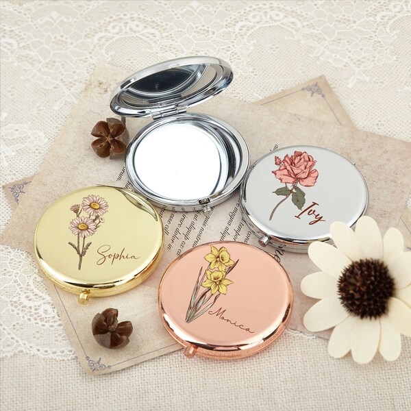 Personalized Name Compact Mirror with Birth Flower,Bridesmaid Proposal,Engraved Pocket Mirror,Birthday Gift,Hen Party Gift,Xmas Gift for Her