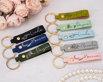 Personalized Birth Flower Keychain, Engraved Leather Keyring, Custom Birthday Gifts for Her, Birth Flwoer Gift with Name,Bridesmaid Gifts