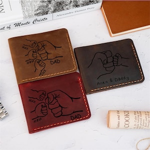 Custom Real Leather Wallet for Dad, Father's Fist Bump with Kids, Family Fist Bump, Men Wallet, Funny Dad Gift for Fathers Day,step Dad Gift