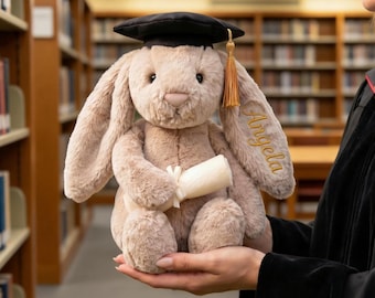 Personalized Graduation Bunny Plush, College Graduation Gift, University Graduation Plush, Cute Bunny with Cap Diploma Keepsake for Her
