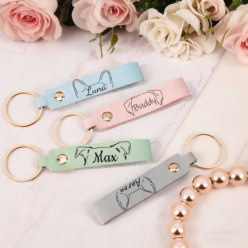Dog Ear Keychain with Name,Custom Dog Mom Keychain,Dog Mom Christmas Gift,Pet Lovers Gift,Pet Loss Memorial Gift, Engraved Leather Key Chain image 2