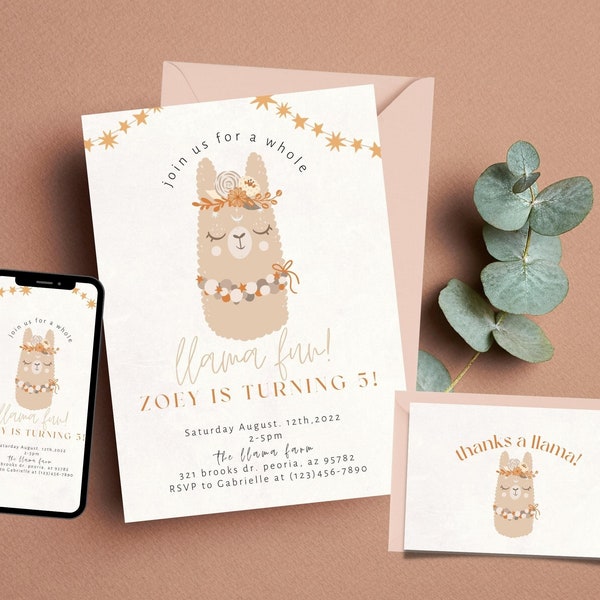 Boho Llama Birthday Invitation Editable Llama Invitation Whole Llama Fun Invite Llama Birthday Card Template Llama First Birthday Party