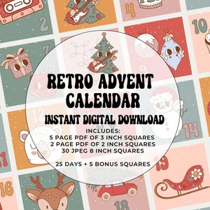 Christmas Countdown Printable Advent Calendar for Adults, Retro Christmas Advent Calendar For Kids, DIY Advent Calendar Printable, Xmas Tags