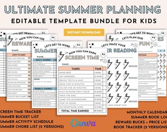 Kids Summer Planner Bundle: Chore Chart, Calendar, Activities (Canva Template)