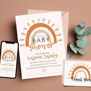 Boho Rainbow Baby Shower Invitation, Baby Shower Invitation Gender Neutral, Boho Baby Shower, Baby Shower Invitation, Editable Invitation