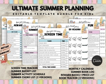Retro Beach Summer Planner Bundle: Kids Chore Chart, Activity Schedule (Digital Download)