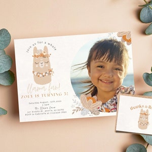 Modèle d'invitation d'anniversaire amusant de lama entier Lama Birthday Photo Card Invite Lama First Birthday Party Modifiable Lama Party Canva Template