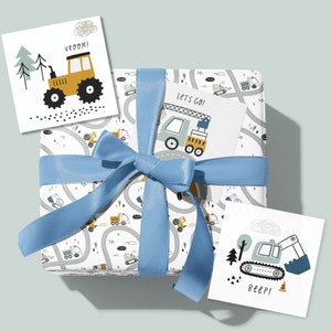 Construction Wrapping Paper Construction Birthday Gift Wrapping Kit Cars Wrapping Paper Sheets Cards and Ribbon Birthday Boy Gift Wrap Set