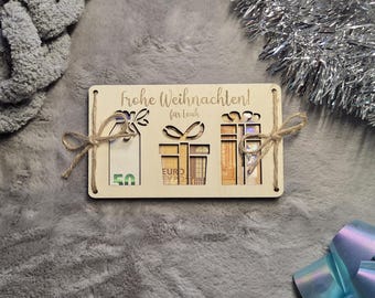 „Geldgeschenk Weihnachten aus Holz Geschenkverpackung – „Frohe Weihnachten“ – Geldgeschenk mit Geschenk-Motiven & Juteschnur
