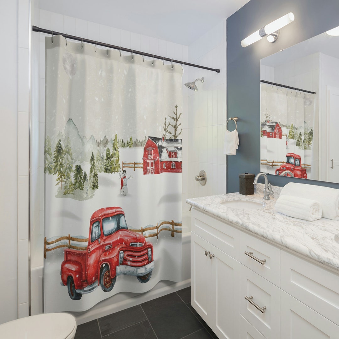 Christmas Shower Curtain Red Truck Farm Scene Red Barn Shower Etsy