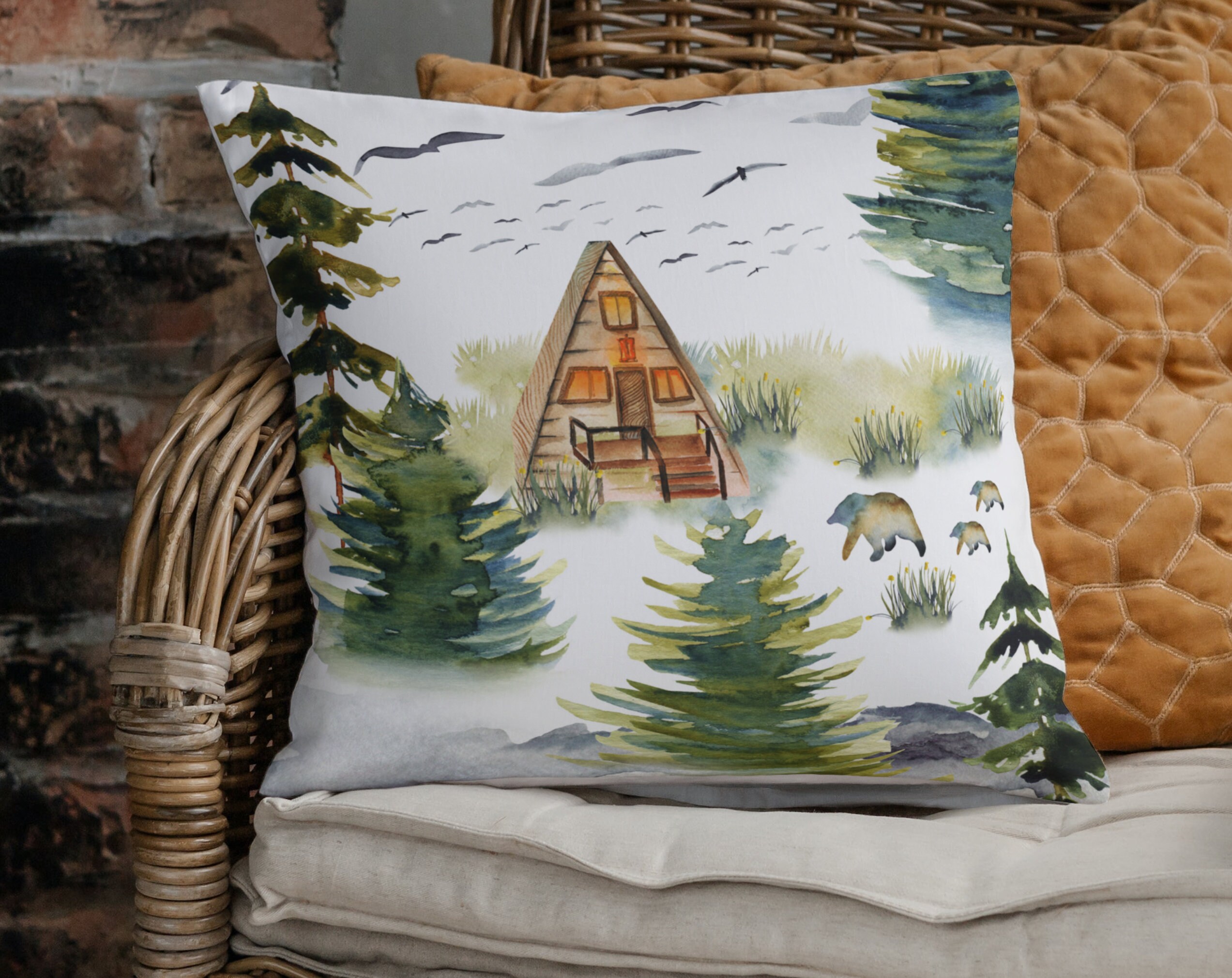 Watercolor Cabin Forest Scene Throw Pillow Watercolor Throw Etsy