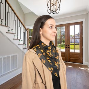 Poly Scarf, Women&#39;s Fashion Accessory, Black Scarf with Gold Leaves, Lightweight Neck Wrap, Elegant Neckwear Gift for Her or Mom