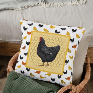 Chicken Throw Pillow-Barred Rock Chicken on Yellow