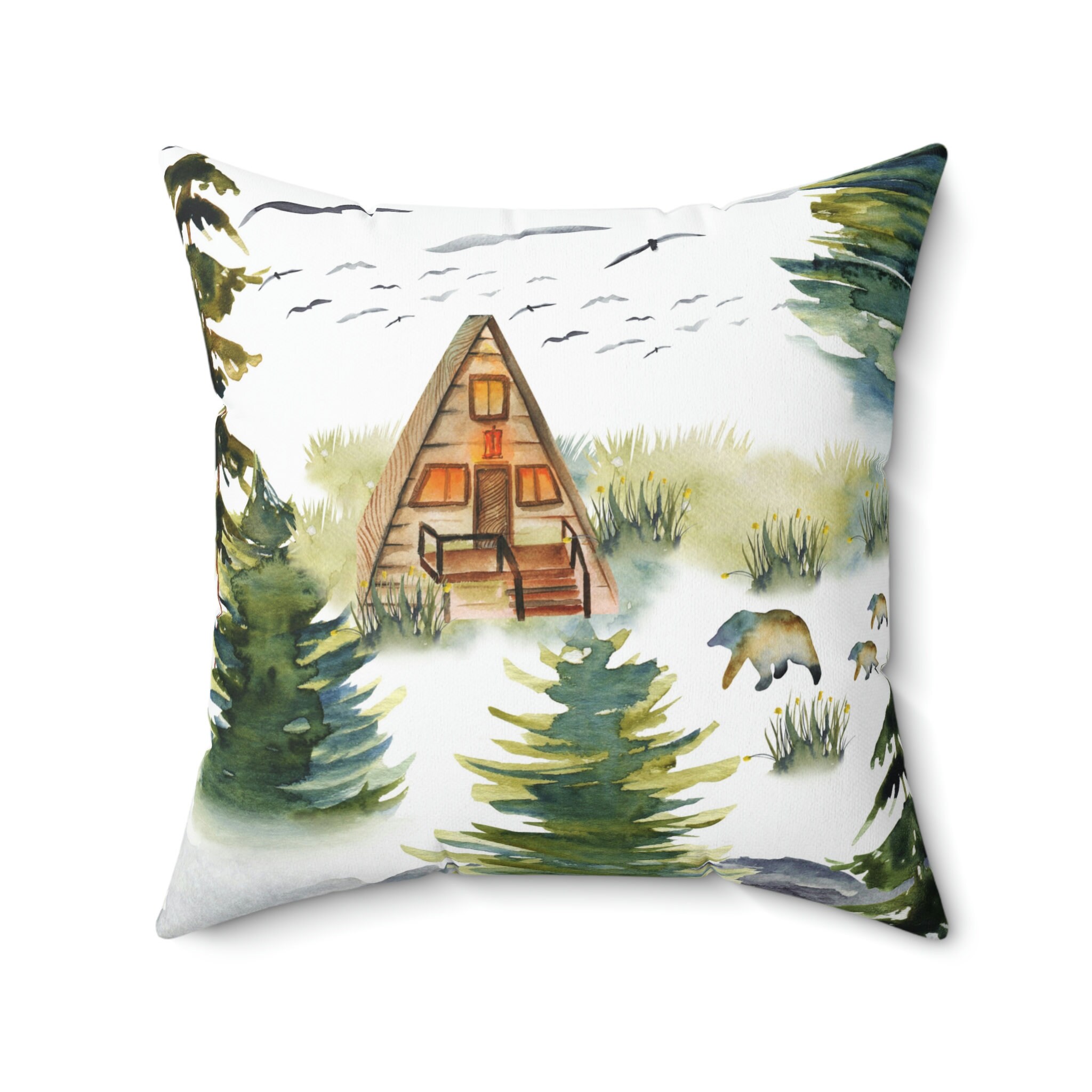 Watercolor Cabin Forest Scene Throw Pillow Watercolor Throw Etsy