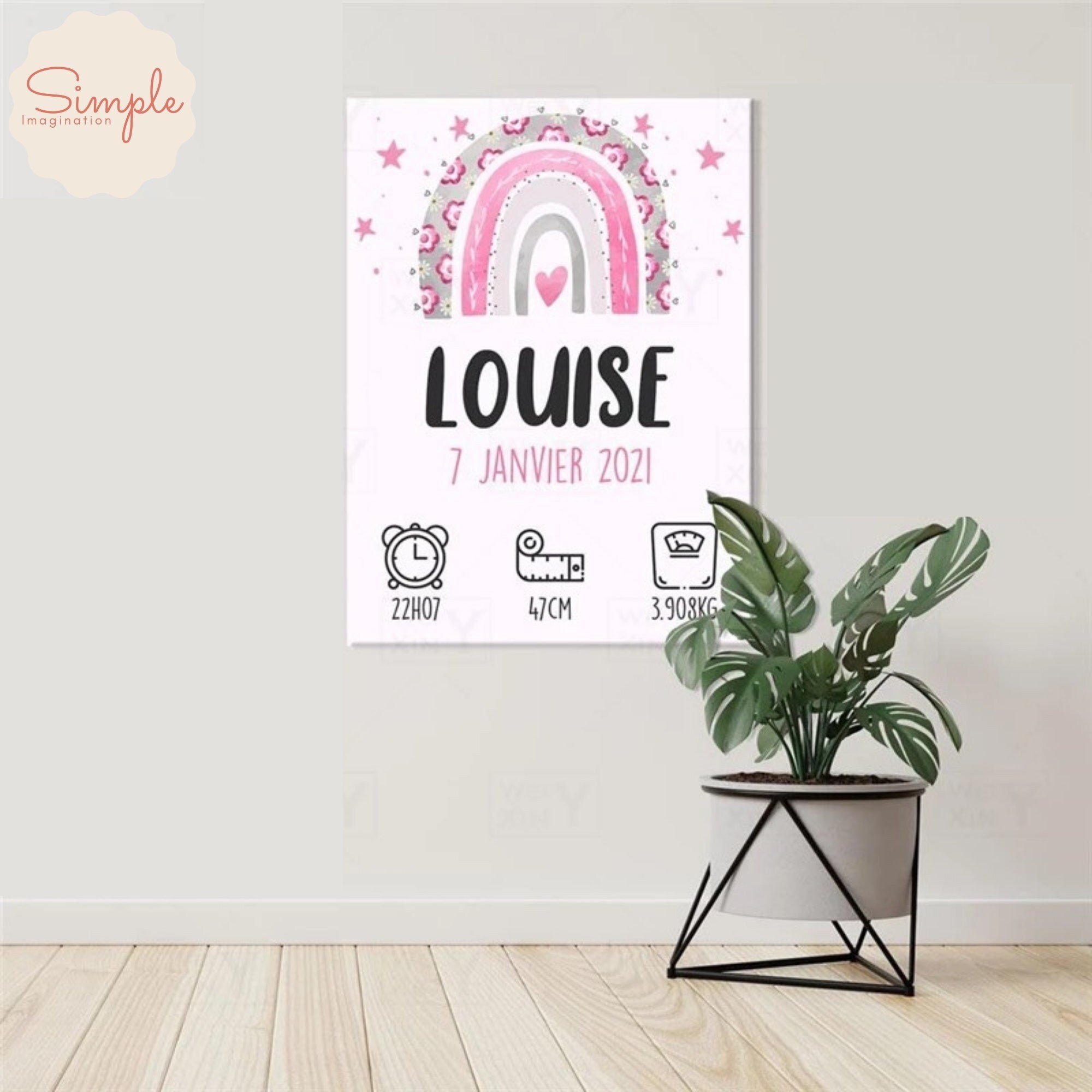 Affiche de Naissance 100% Personnalisée - Toile Enfant Fille et Garçon, Affiche Murale Décoration Ch