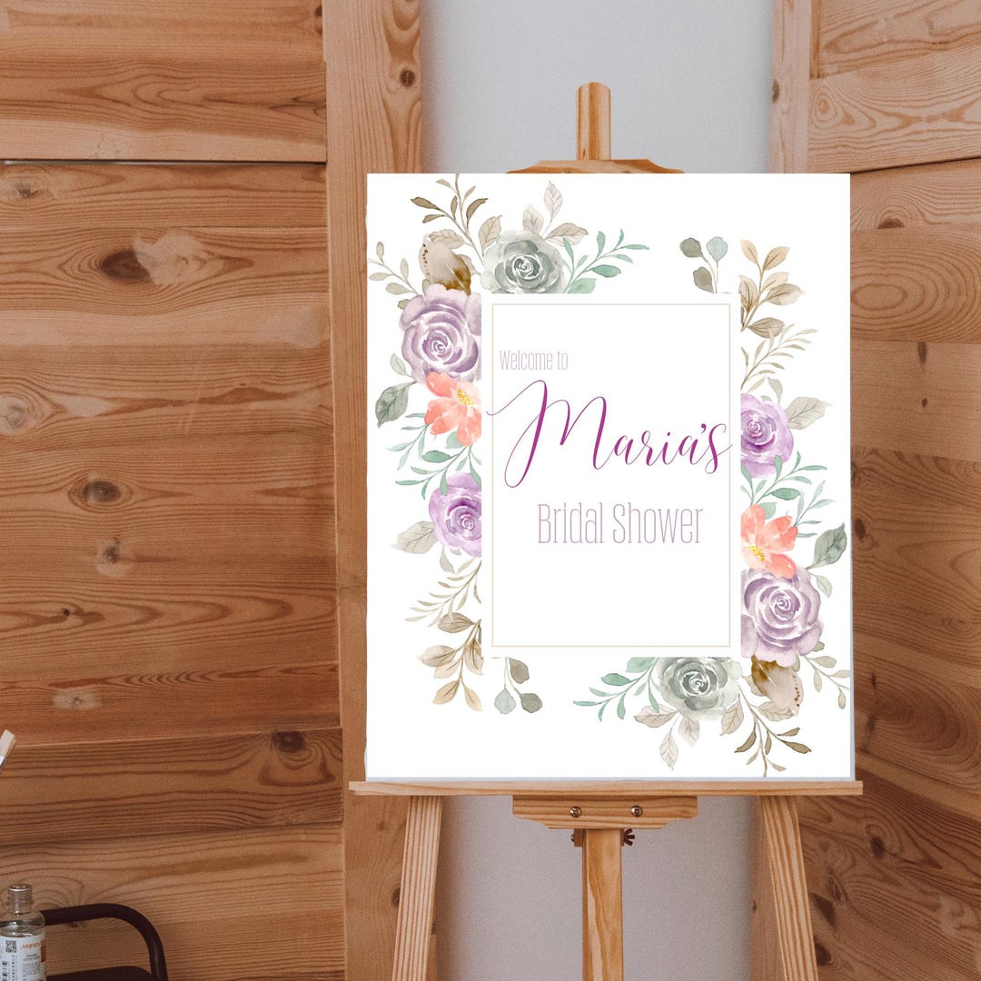 Purple Bridal Shower Welcome Sign – Editable Watercolor Floral Canva ...