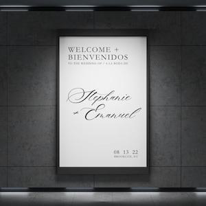 Panneau de bienvenue pour mariage moderne et bilingue : décorations élégantes et design de bienvenue | Modèle numérique anglais espagnol