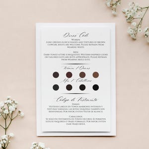 May include: A white invitation card with the words "Dress Code" in elegant script. The card includes dress code details for women and men, with color swatches and floral accents.