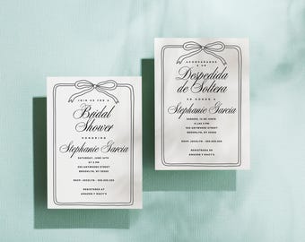 Invitación minimalista para despedida de soltera: plantilla editable bilingüe