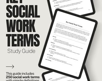 May include: A study guide titled "Key Social Work Terms" with text on a light background. The guide includes 250 social work terms with definitions and examples. Three tablets display the guide's content, with the title and study guide text prominently displayed.