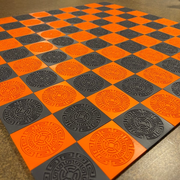 International draught board 3D Printed with patterned pieces.