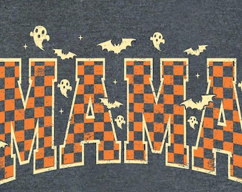 Spooky Mama Halloween Sweatshirt: Ghost, Bat, Checkered Print