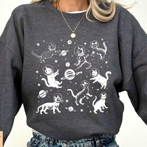 Astronaut Space Cat Sweatshirt, Cats in Space Long Sleeve Shirt, Funny Cat Klover Hoodie, Cosmic Kitty Galaxy Lover Gift
