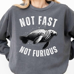 May include: Gray sweatshirt with a white graphic of a manatee and the text "Not Fast Not Furious".