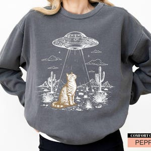 Alien Cowboy Cat Sweatshirt, UFO Abduction Sweatshirt, Gift for Cat Lovers, Comfort Colors Funny 90s Western Space Cat Animal Owner Shirt