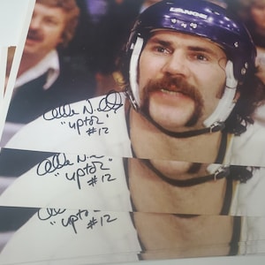 Captain Johnny Upton Allan Nicholls autographed 11 by 18 inch Slapshot Hanson Brothers movie