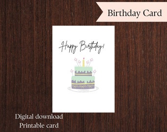 Printable Birthday Card. Happy Birthday Printable Card. Digital Download. PDF Birthday Card. Birthday Cake. Blank Inside. Foldable Card.