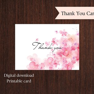 Printable Thank You Card. Digital Download. Thanks. DIY Thank You Card. Pink Watercolor Flowers. Script Thank You Card. PDF Instant Download