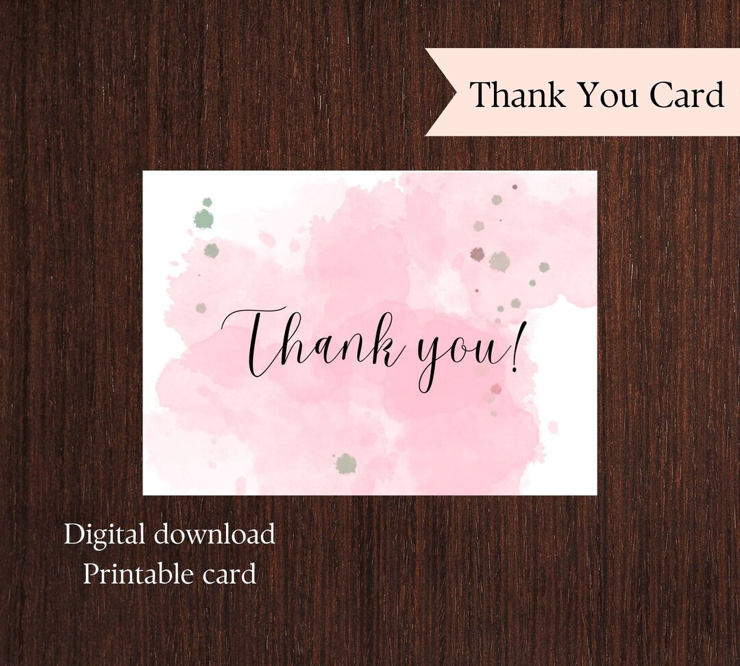 Printable Thank You Card. Pink Watercolor. Thanks. Digital Download ...