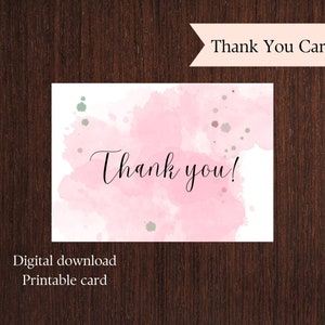 Printable Thank You Card. Pink Watercolor. Thanks. Digital Download ...