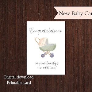 May include: A white greeting card with the words "Congratulations" and "on your family's new addition!" features a watercolor illustration of a baby carriage in shades of green, beige, and blue. The card also has the text "New Baby Card" and "Digital download Printable card".