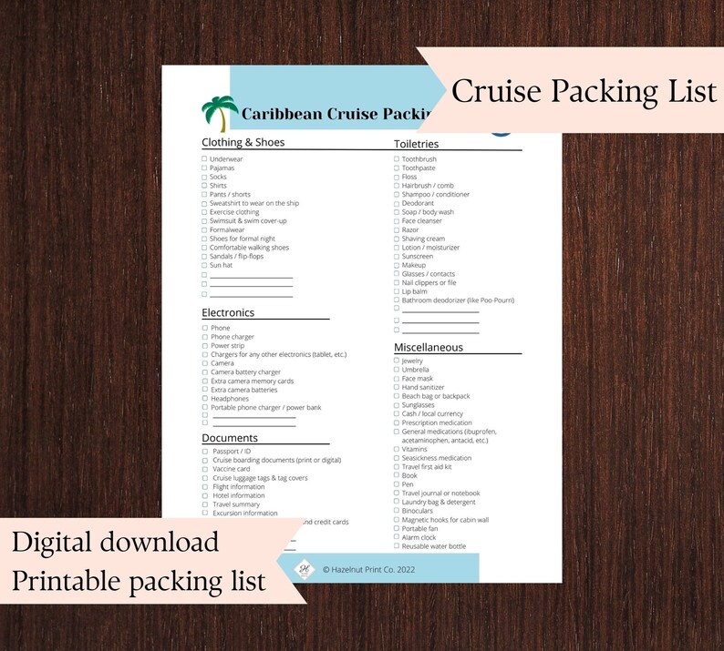 Caribbean Cruise Packing List. Printable Packing List for Cruise to