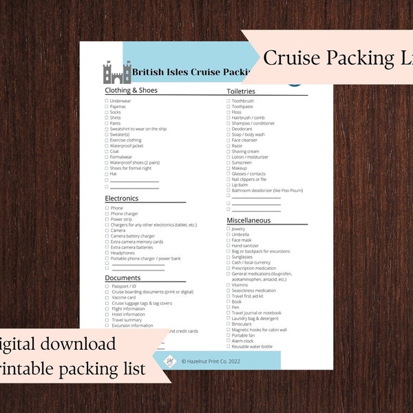 British Isles Cruise Packing List. Printable Packing List for Cruise to British Isles. Digital Download. Cruise Planning. PDF Packing List.