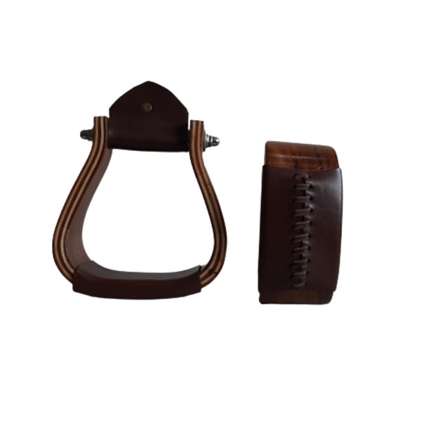 Western Style Wooden Bell Saddle Stirrup Leather Covered