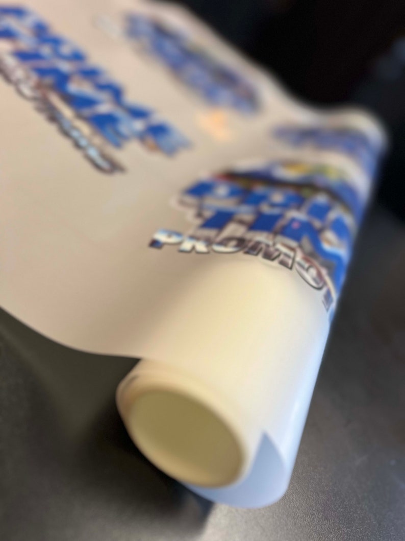 Pu&ograve; includere: Un rotolo di vinile bianco con un design grafico blu e bianco con il testo "Big Time Promo".