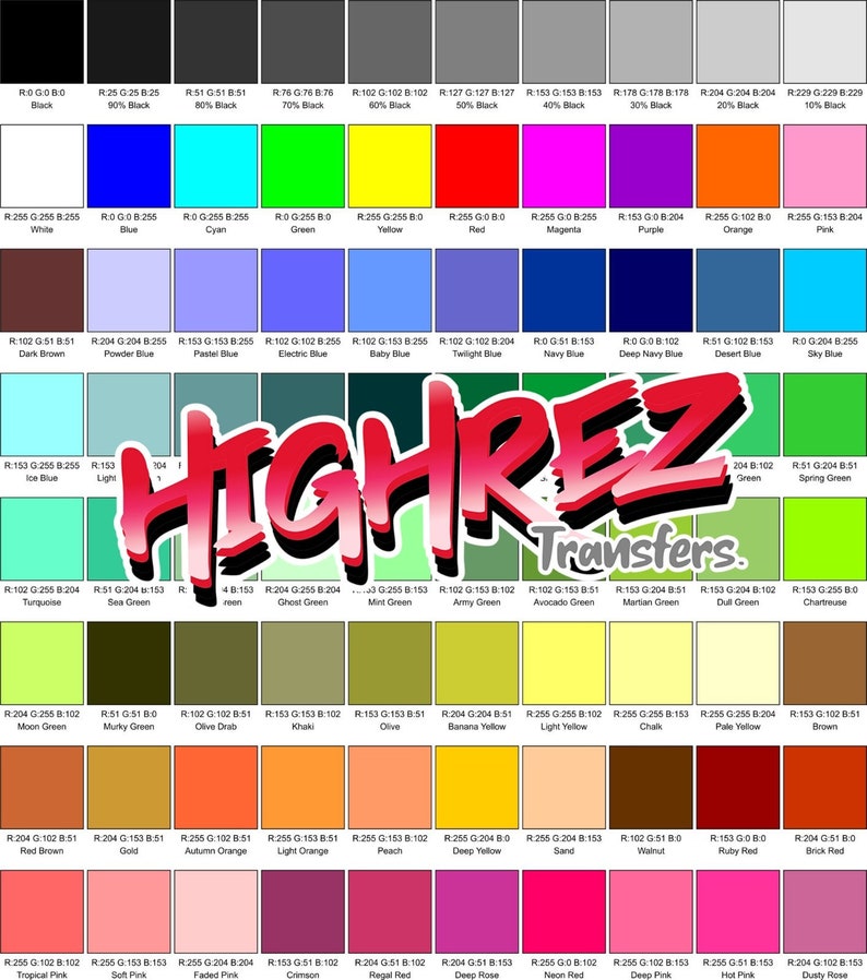 Pu&ograve; includere: Una cartella colori con 100 colori diversi, etichettati con i loro valori RGB. La cartella &egrave; intitolata "HIGHREZ Transfers."
