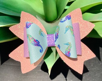Girls Seahorse Glitter Bow & Vegan Leather with Alligator Clip