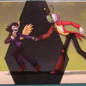 May include: Illustration of two cartoon characters holding hands and dancing. One character has a TV for a head and wears a red jacket. The other character has wings and wears a purple suit. The background is a mix of black and green.
