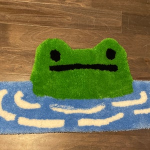 Frog rug, Trevor the frog, hand tufted rug, cottage core aesthetic, great gift for girls, frog aesthetic, neutral frog, cute accent rug