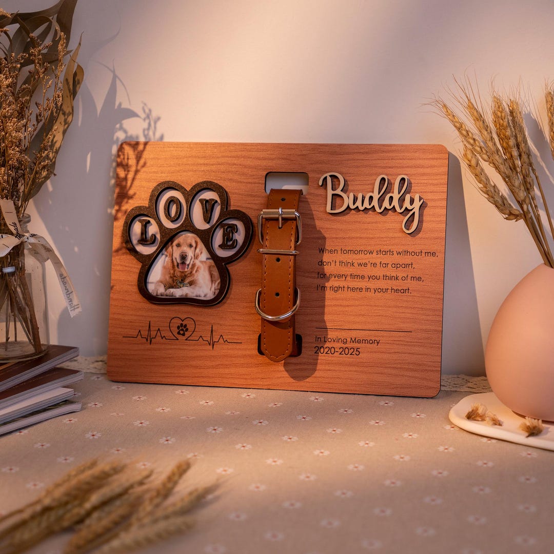 Personalized Dog Memorial Wood Frame With Collar Holder, Memorial Pet ...