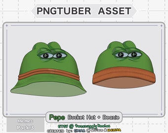 May include: A digital illustration of two Pepe the Frog hats. The first hat is a green bucket hat with an orange brim. The second hat is a green beanie with an orange brim. Both hats have the same Pepe the Frog face with green skin, black eyes, and a white mouth.