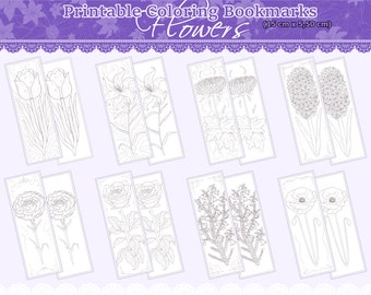 Printable (digital) Coloring Bookmarks | 8 Flowers Pack (for kids and adults)