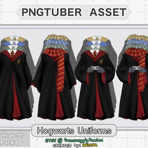 Op de afbeelding: Een set van drie digitale illustraties van Hogwarts-schooluniformen. De uniformen zijn zwarte gewaden met een rode voering en een Hogwarts-wapen. Een uniform heeft een rood-gouden gestreepte sjaal, een ander heeft een rode stropdas en de derde heeft een grijze stropdas. De tekst "HP Hogwarts Pack 1" staat linksonder in de afbeelding. De tekst "Hogwarts Uniforms" staat onderin het midden van de afbeelding. De tekst "ETSY @twosnuggly Koalas CREATED by: HELENA" staat rechtsonder in de afbeelding.