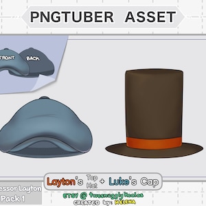 May include: Two hats, a blue newsboy cap and a brown top hat with an orange band. The text "Layton's Top Hat + Luke's Cap" is below the hats.