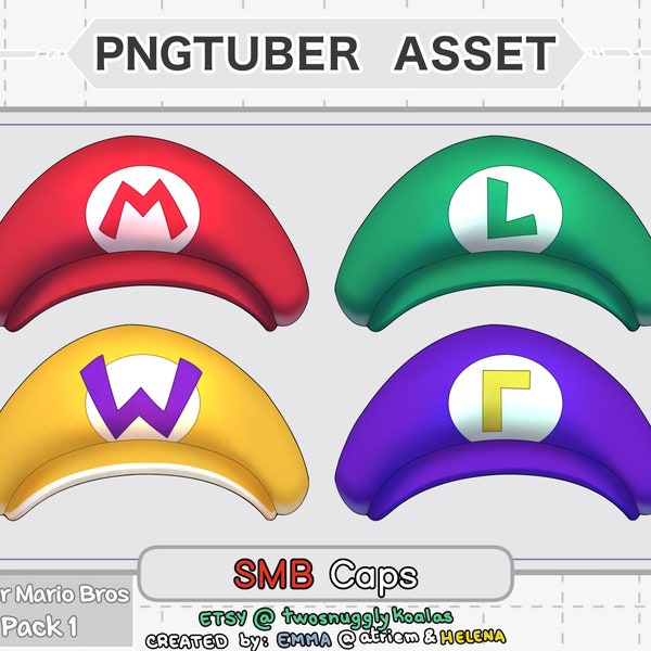 PNGtuber Asset | SMB Pack 1 - Mario, Luigi, Wario and Waluigi Caps